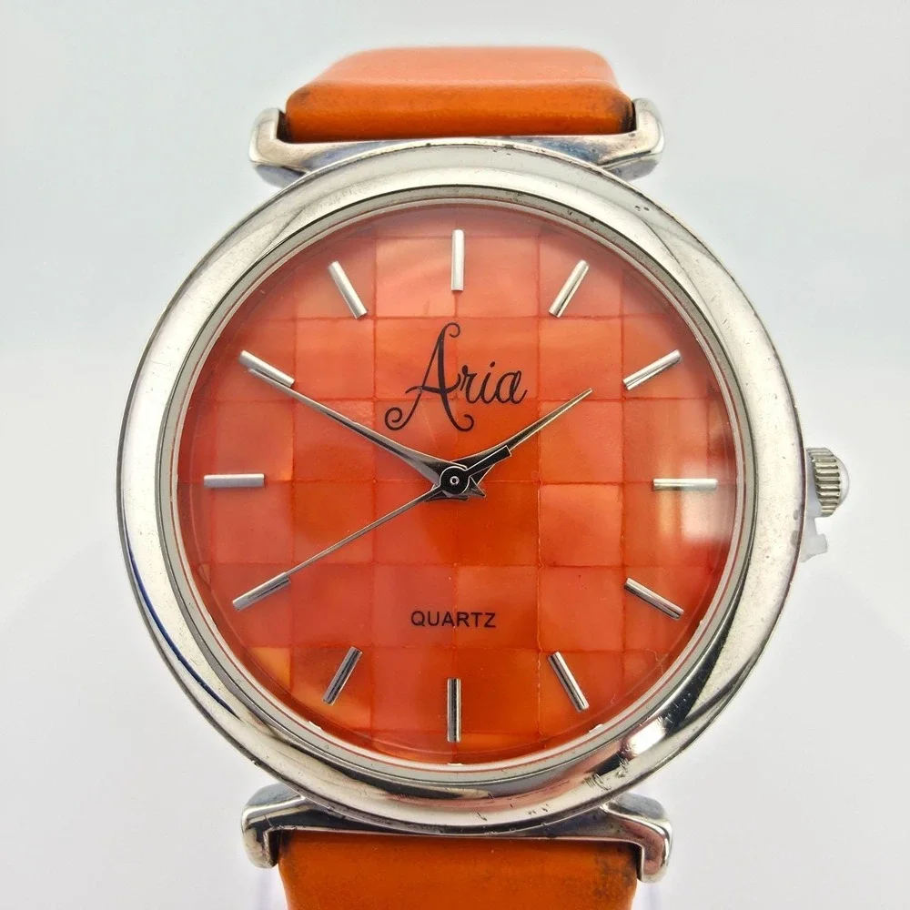 ARIA Ladies Watch 925 Sterling Silver Mother Of Pearl Dial Orange Leather 7.75